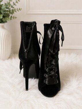 Black Velvet Lace-Up Peep Toe Stiletto Booties | Satin Ribbon Heels | Size 8.5